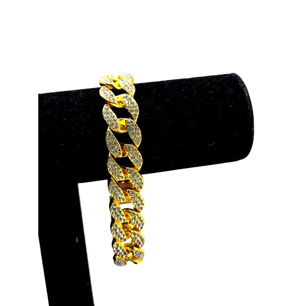 Gold Plated Heavy Curb Link Chunky Gold and Rhinestone Bracelet